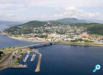 An aerial view of the town of Gaspé, Quebec.